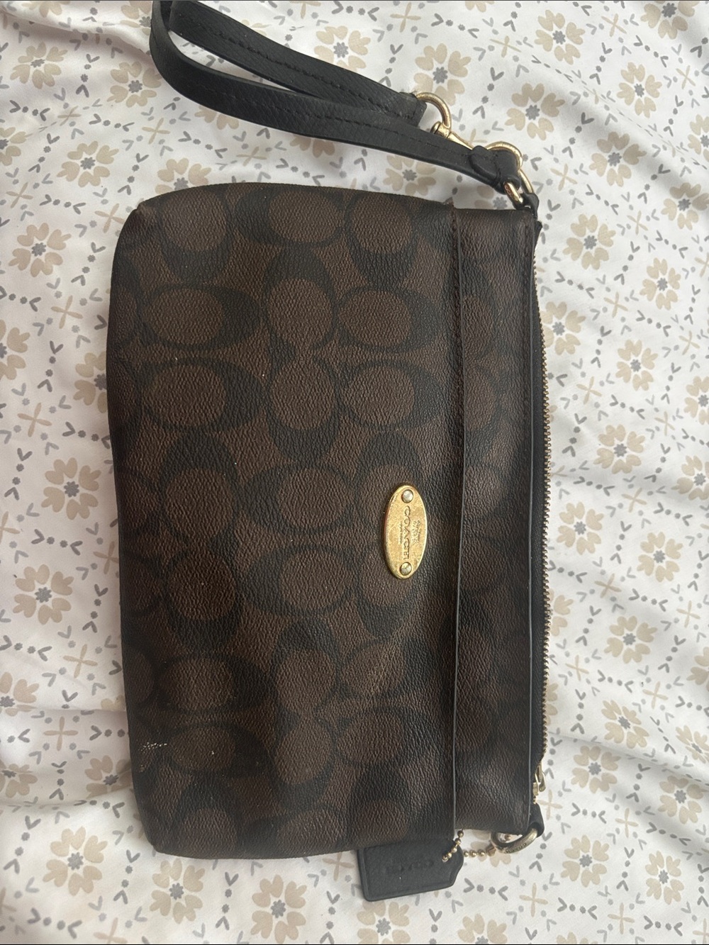 Coach Brown Signature Zip Wristlet with Gold Plaque